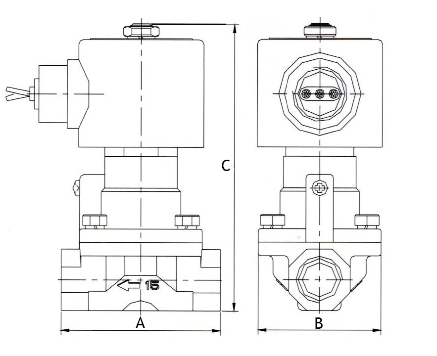 Клапан электромагнитный соленоидный двухходовой поршневый DN.ru-V2W-1001P-NC Ду25 (1 дюйм), Ру0.4-16 корпус - нержавеющая сталь, уплотнение - PTFE, резьба G, с катушкой 220В