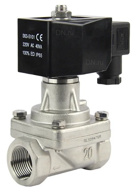 Клапан электромагнитный соленоидный двухходовой DN.ru-VS2W-701 P-Z-NC Ду20 (3/4 дюйм) Ру10 с нулевым перепадом давления, нормально закрытый, корпус - сталь 304, уплотнение - PTFE, резьба G, с катушкой YS-018 220В
