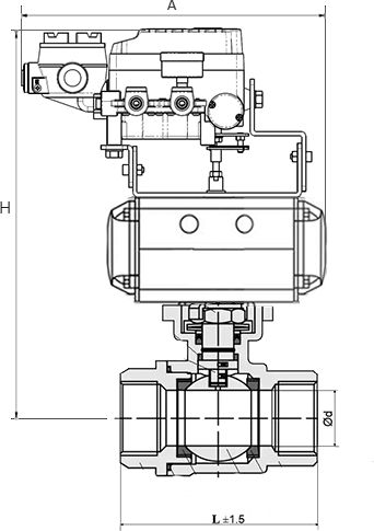 Кран шаровый DN.RU КШМП.316.230-ISO Ду15 Ру63 SS316 нержавеющий, полнопроходной, муфтовый, с пневмоприводом DN.RU-SA-052-12 с возвратными пружинами, с электропневматическим поворотным позиционером DN.ru YT-1000RSN без обратной связи
