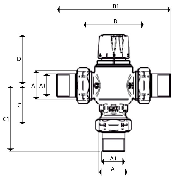 Клапаны термостатические Giacomini R156-2 1/2-1″ Ду15-25 Ру10 сместительные для ГВС седельные, наружная резьба, корпус - латунь, с защитой от ожога