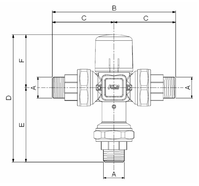 Клапан термостатический Icma 90148 3/4″-1″ Ду15 Ру10 смесительный, наружная резьба, корпус - латунь, уплотнение - EPDM