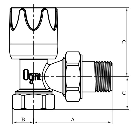 Клапаны термостатические Ogint 1/2″-3/4″ Ду15-20 Ру10 угловые настроечные, корпус - латунь, внутренняя резьба, уплотнение — EPDM