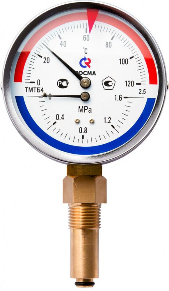 Термоманометр Росма ТМТБ-41Р.2 (0-150С) (0-0,6MПa) G1/2 2,5, корпус 100мм, тип - ТМТБ-41Р.2, длина клапана 64мм,  до 150°С, радиальное присоединение, 0-0,6MПa, резьба G1/2, класс точности 2.5