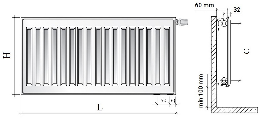 Радиатор панельный Royal Thermo VENTIL HYGIENE VH10 0.984кВт настенный, высота - 500 мм, длина 1200 мм, количество панелей - 1, присоединение резьбовое - 1/2″, подключение - нижнее правое, гигиеническое исполнение, стальной, цвет - белый RAL-9016