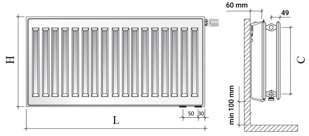 Радиатор панельный Royal Thermo VENTIL HYGIENE VH20 1.453кВт настенный, высота - 500 мм, длина 1000 мм, количество панелей - 2, присоединение резьбовое - 1/2″, подключение - нижнее (левое-правое), гигиеническое исполнение, стальной, цвет - белый RAL-9016