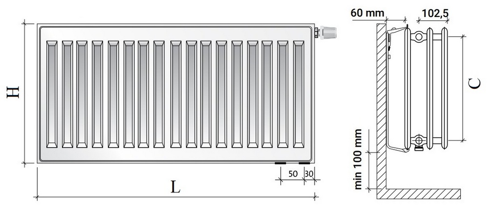 Радиатор панельный Royal Thermo VENTIL HYGIENE VH30 2.360кВт настенный, высота - 900 мм, длина 700 мм, количество панелей - 3, присоединение резьбовое - 1/2″, подключение - нижнее (левое-правое), гигиеническое исполнение, стальной, цвет - белый RAL-9016