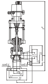 Чертеж Клапан запорно-регулирующий угловой КЗРУ 26ч945п Ду125 Ру16 с приводом ST