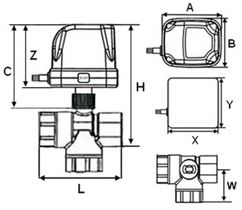 Кран шаровой DN.ru BV0030NP-SP-3L-T-ED Ду25 Ру16, латунный 3-ходовой L-тип стандартнопроходной, муфтовый с электроприводом 220В без концевых выключателей