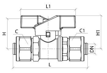 Эскиз Кран шаровой 1018 Aquasfera 1/2″ Ду16 Ру16 стандартнопроходной, никелированный, компресс/компресс, ручка-бабочка (1018-01)