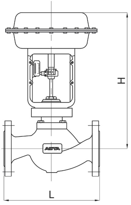 Клапан регулирующий АСТА Р123-CM-1 Ду50 Ру25, фланцевый неразгруженный, корпус – высокопрочный чугун, Тmax=220°C, с электроприводом ЭПР 4.0 кН 220B (3-х поз. сигнал) 