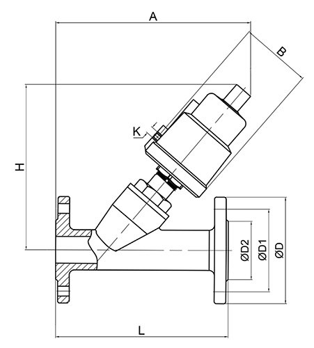 Клапан запорно-регулирующий АСТА Р12 Ду65 Ру16 нормально закрытый, фланцевый, с нержавеющим пневмоприводом ППП-100, Kvs=90.0 м3/ч, Т=220°С