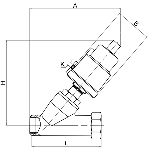 Клапан запорно-регулирующий АСТА Р12П Ду20 Ру16 нормально закрытый, резьбовой, с пластиковым пневмоприводом ППП-50, Kvs=8,5 м3/ч, Т=200°С