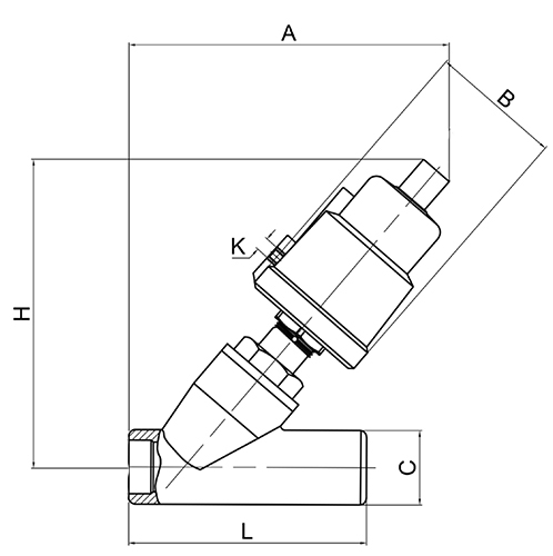 Клапан запорно-регулирующий АСТА Р12 Ду50 Ру16 нормально закрытый, под приварку, с нержавеющим пневмоприводом ППП-100, Kvs=55 м3/ч, Т=220°С