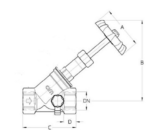 Клапан запорный Cimberio 74CRNL 2 1/2″ Ду65 Ру20 внутренняя резьба, с наклонным штоком со сливным краном, корпус - латунь CR