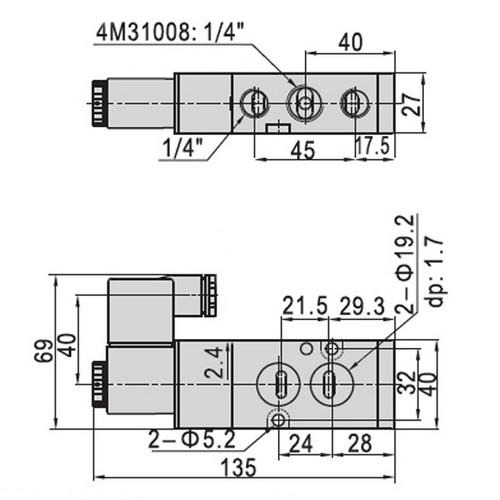 Краны шаровые нержавеющие 3-ходовые T-тип стандартнопроходные DN.ru RP.SS316.200.MM.010(-100)-ISO Ду10-100 Ру63, муфтовые с ISO фланцем с пневмоприводами DN.ru-SA, пневмораспределителем 4M310-08 24В и блоком концевых выключателей APL-210N