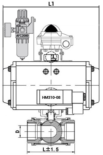 Кран шаровой нержавеющий 3-ходовой L-тип стандартнопроходной DN.ru RP.SS316.200.MM.065-ISO Ду65 Ру63 SS316 муфтовый с ISO фланцем, пневмоприводом SA-105, пневмораспределителем 4M310-08 24 В, БКВ APL-410N EX и БПВ AFC2000