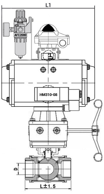 Кран шаровой нержавеющий 3-ходовой T-тип стандартнопроходной DN.ru RP.SS316.200.MM.065-ISO Ду65 Ру63 SS316 муфтовый с ISO фланцем, пневмоприводом DA-083, пневмораспределителем 4M310-08 24 В, БКВ APL-410N EX, ручным дублером HDM-2 и БПВ AFC2000
