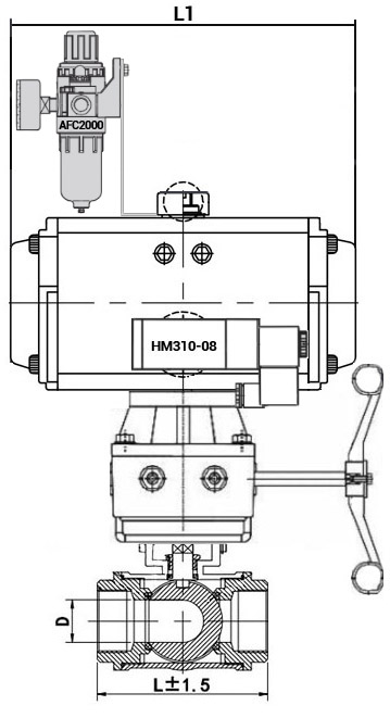 Кран шаровой нержавеющий 3-ходовой L-тип стандартнопроходной DN.ru RP.SS316.200.MM.025-ISO Ду25 Ру63 SS316 муфтовый с ISO фланцем, пневмоприводом SA-052, пневмораспределителем 4M310-08 24 В, ручным дублером HDM-1 и БПВ AFC2000