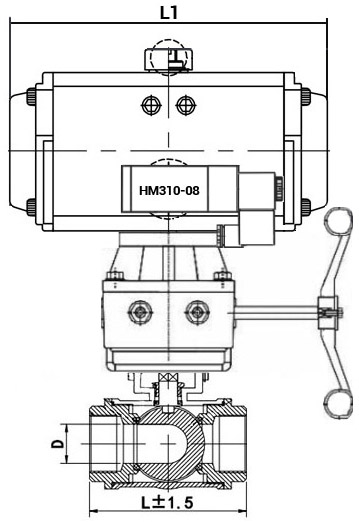 Кран шаровой нержавеющий 3-ходовой T-тип стандартнопроходной DN.ru RP.SS316.200.MM.020-ISO Ду20 Ру63 SS316 муфтовый, пневмоприводом DA-065, пневмораспределителем 4M310-08 24В и ручным дублером HDM-1