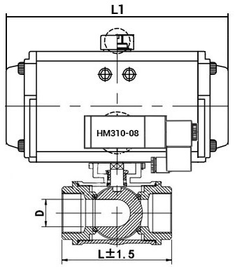 Кран шаровой нержавеющий 3-ходовой T-тип стандартнопроходной DN.ru RP.SS316.200.MM.025-ISO Ду25 Ру63 SS316 муфтовый c пневмоприводом DN.ru DA-052 c пневмораспределителем DN.ru 4M310-08 24В