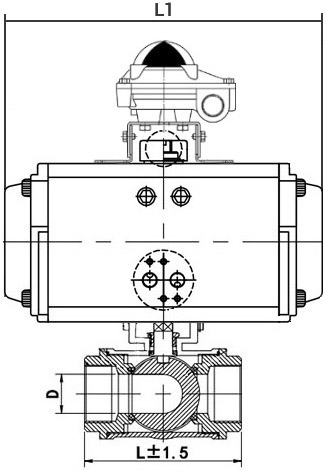 Кран шаровой нержавеющий 3-ходовой T-тип стандартнопроходной DN.ru RP.SS316.200.MM.032-ISO Ду32 Ру63 SS316 муфтовый, пневмоприводом DN.ru SA-065 и блоком концевых выключателей APL-410N EX
