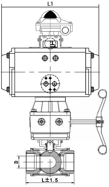 Кран шаровой нержавеющий 3-ходовой L-тип стандартнопроходной DN.ru RP.SS316.200.MM.015-ISO Ду15 Ру63 SS316 муфтовый, пневмоприводом DA-065, БКВ APL-210N и ручным дублером HDM-1