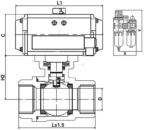 Кран шаровой DN.ru КШМП.316.230-ISO Ду80 Ру63 SS316 полнопроходной, нержавеющая сталь, резьбовой с пневмоприводом двойного действия DA-105, пневмораспределителем 4M310-08 220V и БПВ AFC2000