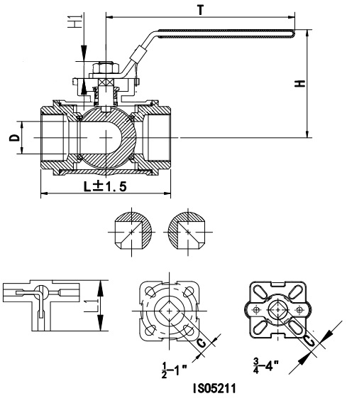 Кран шаровой DN.RU BV3232P-SP-3L-T-H Ду15 Ру63, 3-ходовой L-тип стандартнопроходной, муфтовый, материал корпуса - нержавеющая сталь SS316 с ISO фланцем и рукояткой