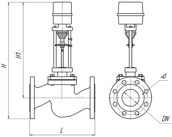 Клапан регулирующий двухходовой DN.ru 25ч945п Ду100 Ру16 Kvs125, серый чугун СЧ20, фланцевый, Tmax до 150°С с электроприводом Катрабел TW-3000-XD24