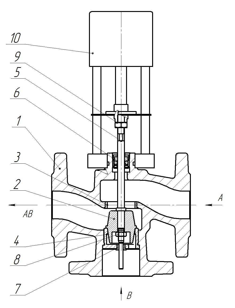 Клапан регулирующий трехходовой разделительный DN.ru 23ч901нж Ду15 Ру16 Kvs1,6 серый чугун СЧ20, фланцевый, Tmax до 150°С с электроприводом Катрабел TW-500-XD220