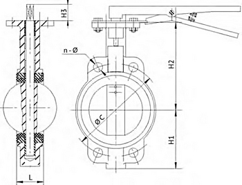 Эскиз Затворы дисковые поворотные DN.ru WBV3432N-2W-Fb-H Ду40-300 Ру16, корпус -сталь WCB, диск - сталь 316L, уплотнение - NBR, с рукояткой