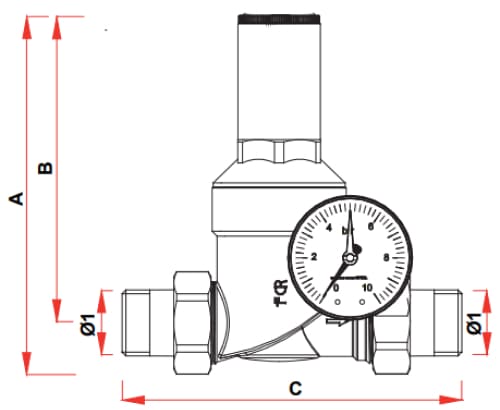 Регулятор давления FAR FA 2815 1 1/4″ Ду32 Ру25 с манометром, латунный, хромированный, наружная/наружная резьба (редуктор)