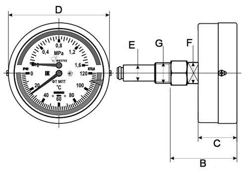 Термоманометр ФИЗТЕХ МПТ 0,6 МПа 120C° IP40, 80 мм, резьба G1/2, класс точности - 2.5,осевой штуцер, длина погружной части 46 мм