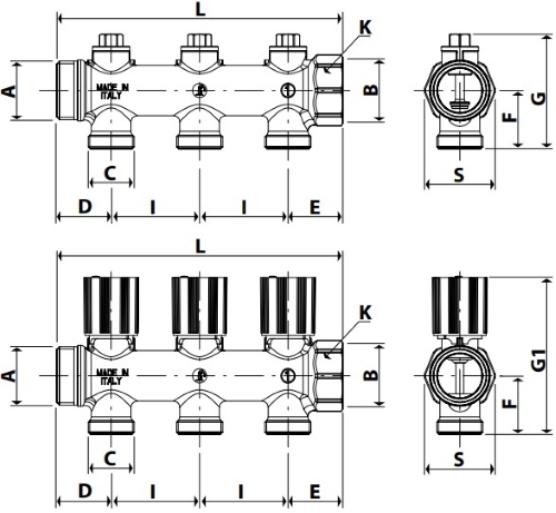 Коллектор Giacomini R583S 1″x3/4″x2 Ду25 Py10 из латуни, с отсечными клапанами