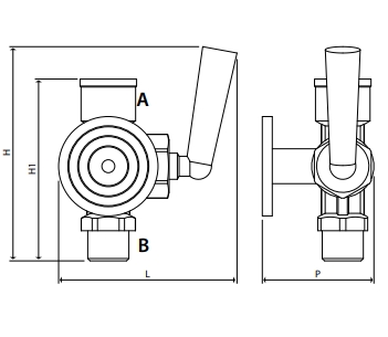Эскиз Кран для манометра трехходовой Giacomini R228I Ду15 Ру16 латунный, внутренняя/наружная резьба G1/2″ ручка-рычаг с фланцем (R228IY003)