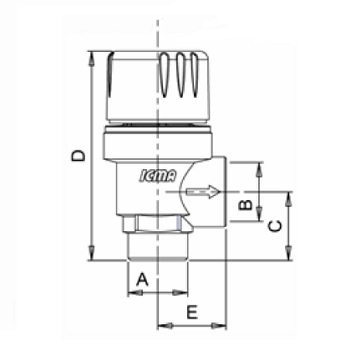 Эскиз Клапан предохранительный мембранный Icma 242 1/2″ Ду15 Ру10 латунный, угловой, наружная - внутренняя резьба, давление срабатывания 3 бар (91242ADAF)