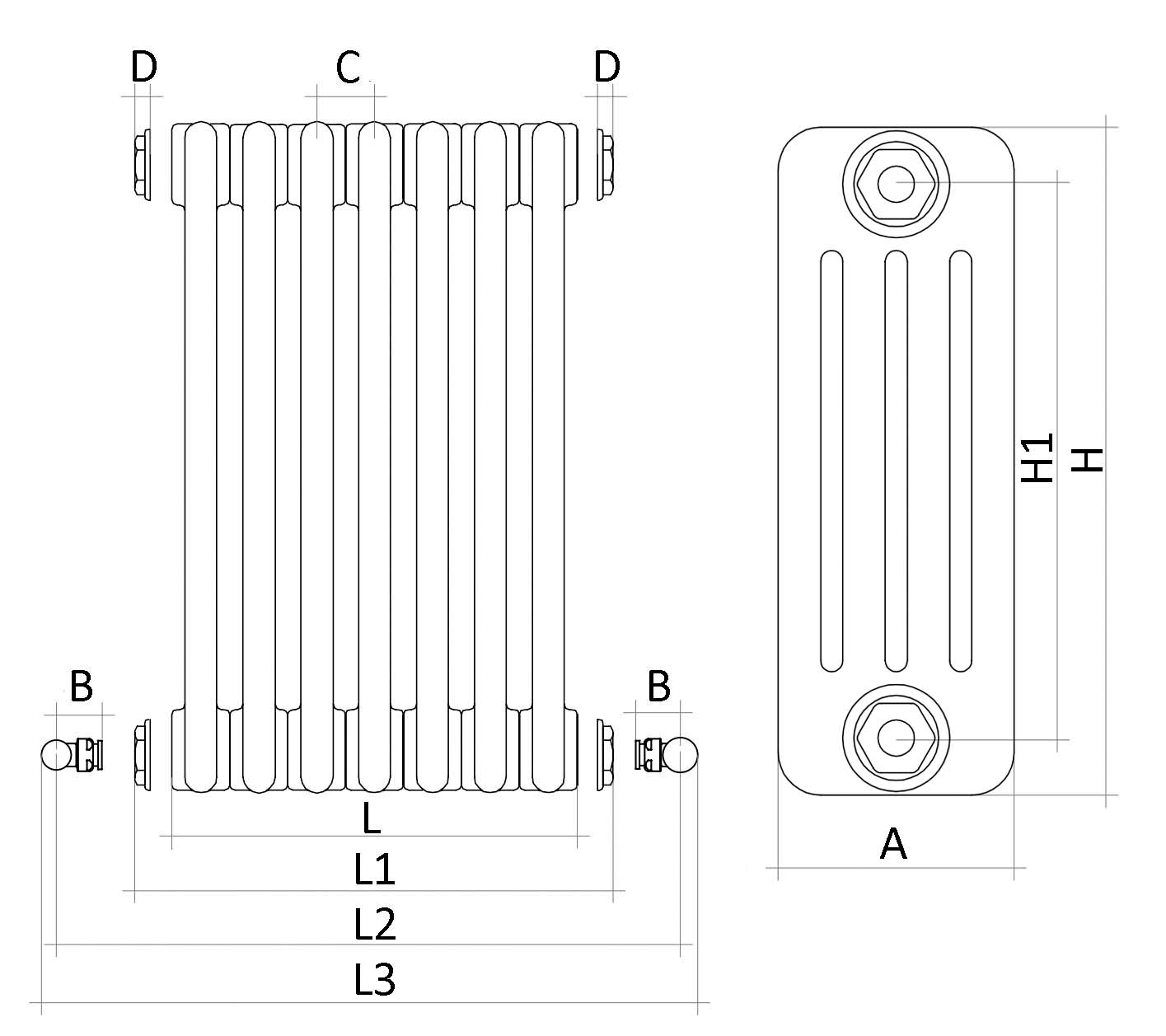 Радиаторы стальные трубчатые IRSAP Tesi 4 высота 1500 мм, 12-15 секций, присоединение резьбовое - 1/2″, подключение - боковое Т30, теплоотдача - 2791.2-3489 Вт, цвет - белый
