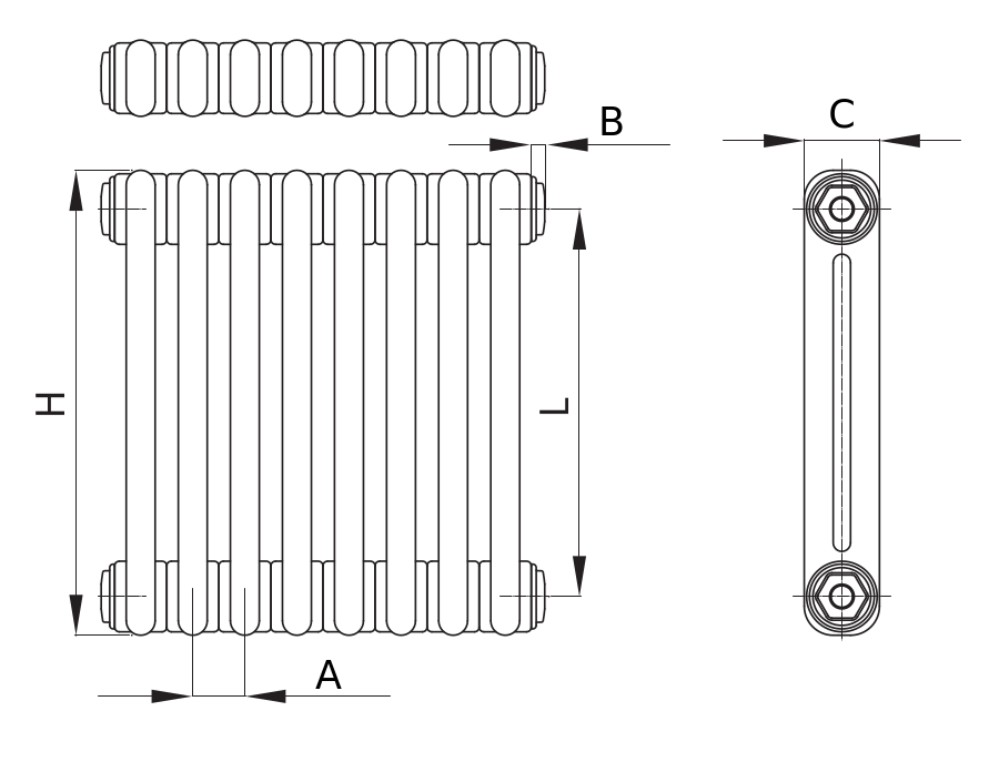 Радиаторы стальные трубчатые IRSAP Tesi 2 высота 400 мм, 12-46 секций, присоединение резьбовое - 1/2″, подключение - нижнее по центру Т52, со встроенным вентилем сверху, теплоотдача 453-1736 Вт, цвет – серый Манхэттен