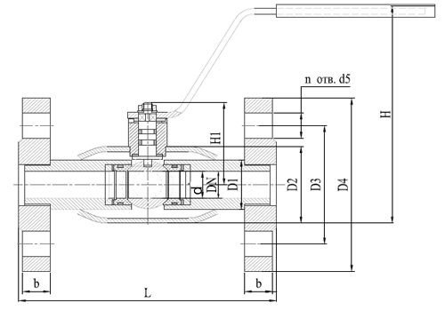 Кран шаровый КВО-АРМ серия 12 Ду25 Ру16 фланцевый цельносварной, полный проход, управление ручка-рычаг, корпус – углеродистая сталь