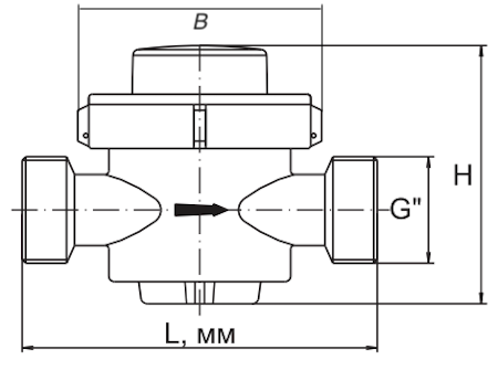 Счетчик х/г воды крыльчатый одноструйный импульсный ЭКОМЕРА ЭОУ Ду15 Ру16, резьбовой, L=80мм, до 90°С, с обратным клапаном и КМЧ