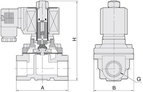 Эскиз Клапан электромагнитный Smart SM-5563 G 1 1/2″ Ду40 Ру10 резьбовой, прямого действия, нормально закрытый, стальной, уплотнение FKM, DC 24V