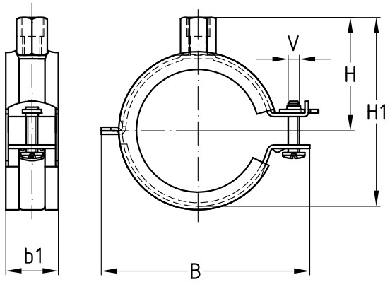 Хомут трубный MUPRO Optimal Junior 1 1/2″ Дн48-51 сталь оцинкованная с резиновой прокладкой, присоединительный размер М8