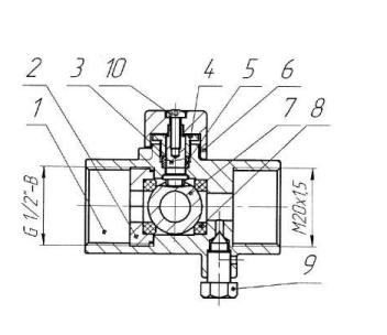 Эскиз Кран для манометра трехходовой шаровой Пензапромарматура 11б27п(м)1 Ду15 Ру16 латунный, внутренняя резьба G1/2″- М20х1,5 ручка-бабочка, без фланца с краном Маевского