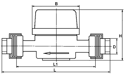 Счетчик холодной и горячей воды крыльчатый одноструйный Декаст ОСВУ-15 (с кмч) Ду15 Ру16, резьбовой, до 90°С, L=110 мм, в комплекте с монтажным набором