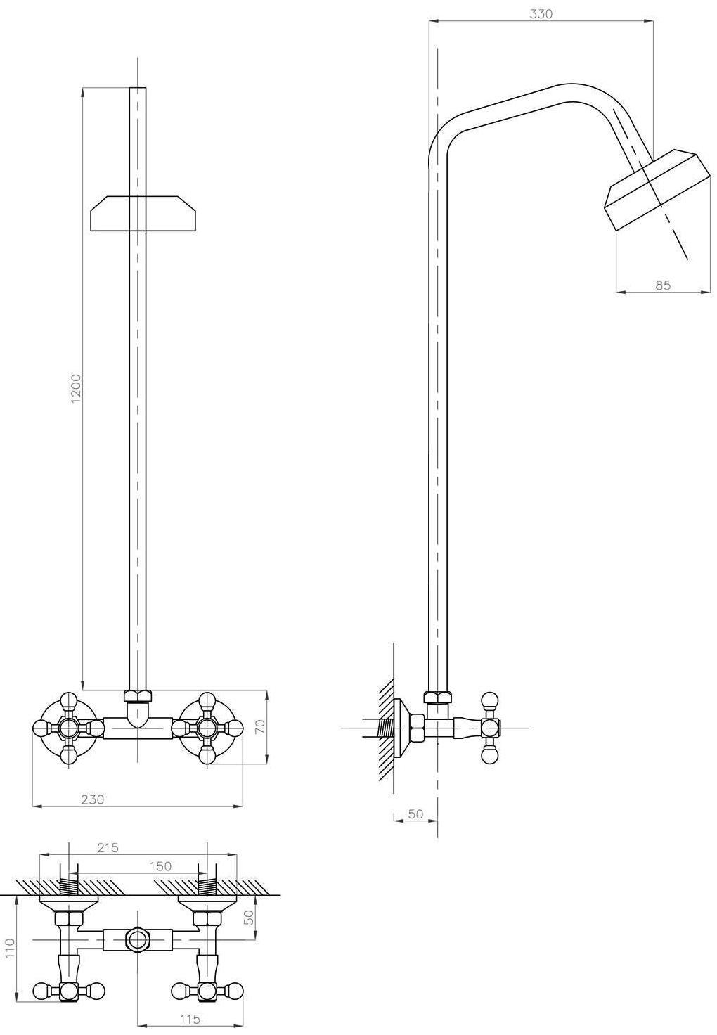 Душевая стойка Профсан Душ ПСМ-110 длина 110 мм, двуручный, со стационарной трубкой, серебристый