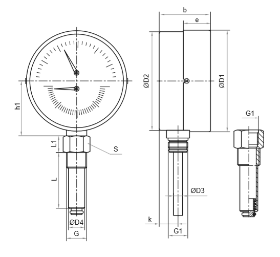 Термоманометр Росма ТМТБ-31Р.1 (0-120С) (0-4MПa) G1/2 2,5, корпус 80мм, тип - ТМТБ-31Р.1, длина клапана 46мм, до 120°С, радиальное присоединение, 0-4MПa, резьба  G1/2, класс точности 2.5