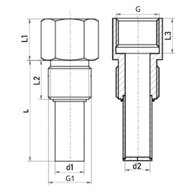 Гильза для термометра Росма БТ серии 220, Китай, L=64 Дн14 Ру250, нержавеющая сталь, внутренняя/наружная резьба G1/2″–G1/2″