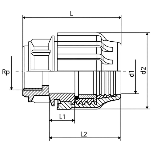 Муфта ТПК-АКВА Дн40х1″ Ру16 соединительная для ПНД труб, материал - полиэтилен, присоединение - компрессионное / внутренняя резьба