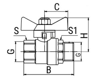 Эскиз Кран шаровой 11б27фт1М VALFEX 1 1/4″ Ду32 Ру40 полнопроходной, латунный, внутренняя/наружная резьба, ручка-бабочка (VF.218.LB1.114)