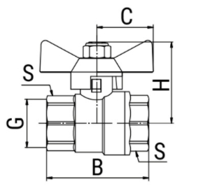 Эскиз Кран шаровой 11б27фт1М VALFEX 1 1/4″ Ду32 Ру40 полнопроходной, латунный, внутренняя резьба, ручка-бабочка (VF.217.LB1.114)